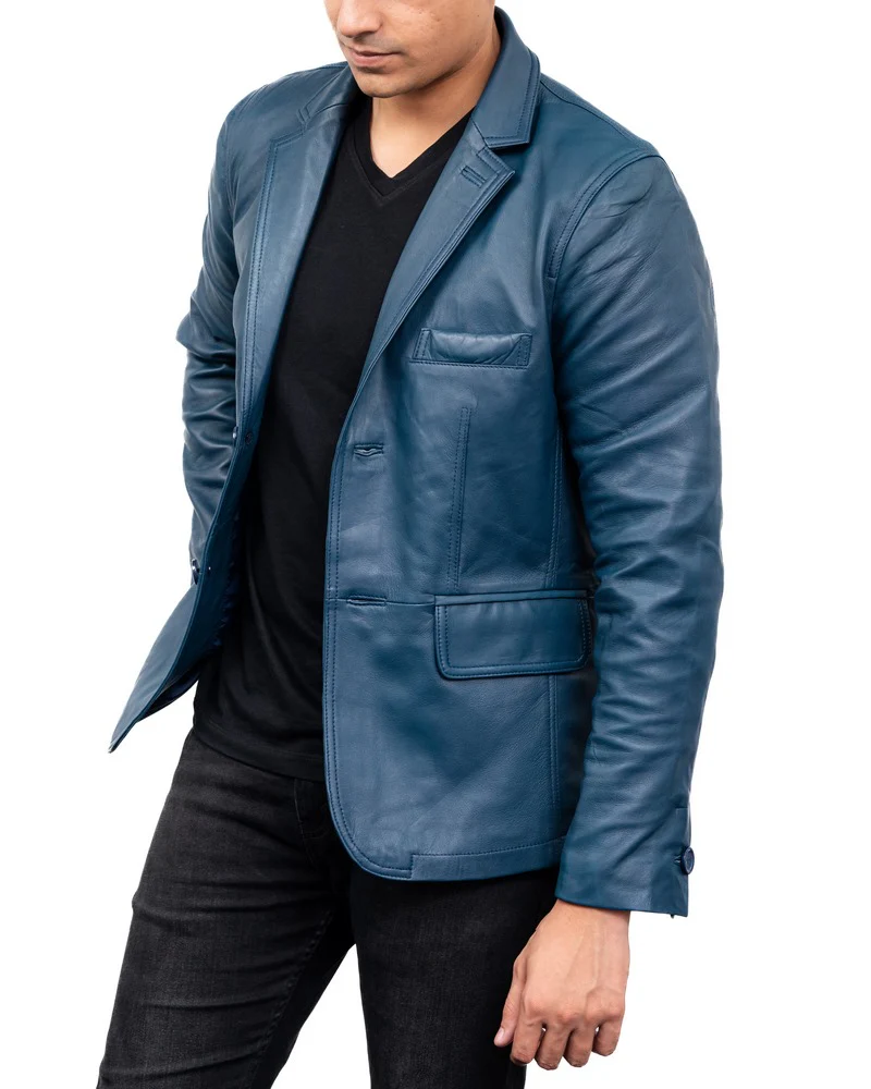 5-Button Men Lambskin Leather Blazer-Blue